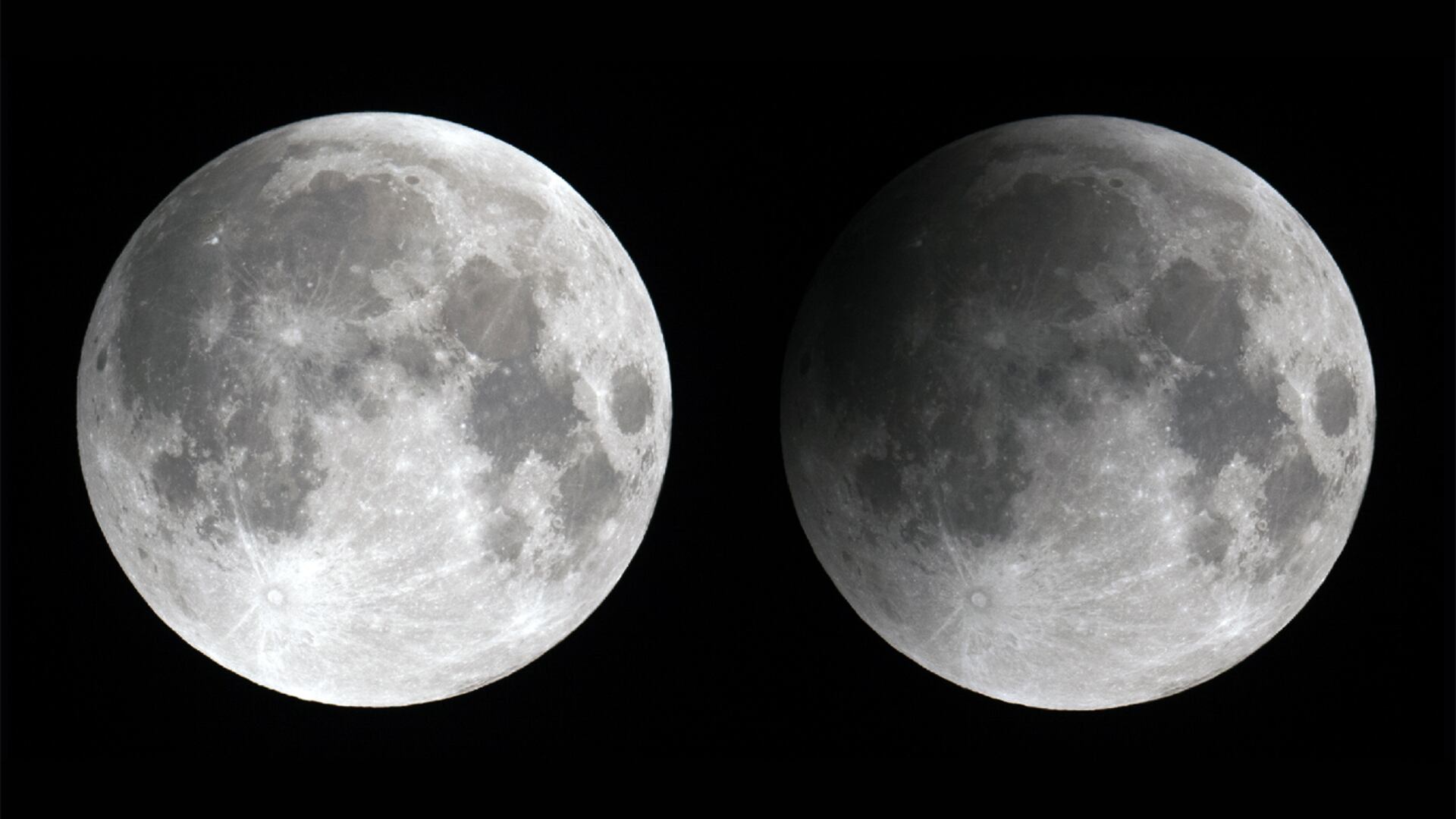 Fotografías de antes y después de que la Luna entró en la penumbra de la Tierra, lo que produce este sutil eclipse.