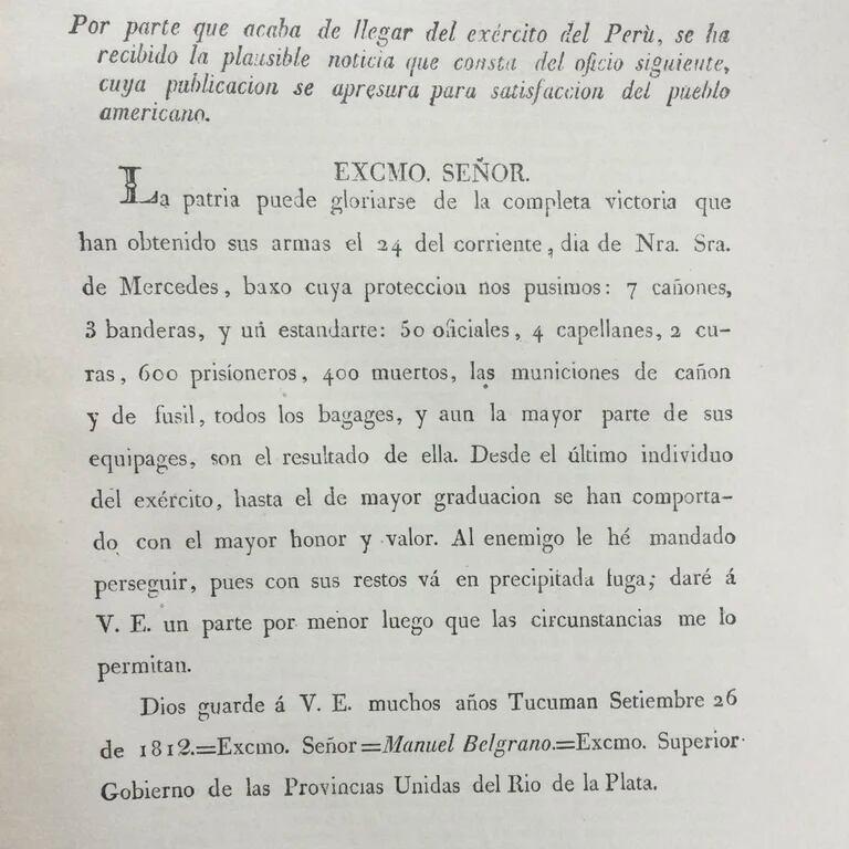 El resultado de la decisión de Belgrano: el parte de batalla que redactó y que fue publicado en la Gaceta de Buenos Aire 