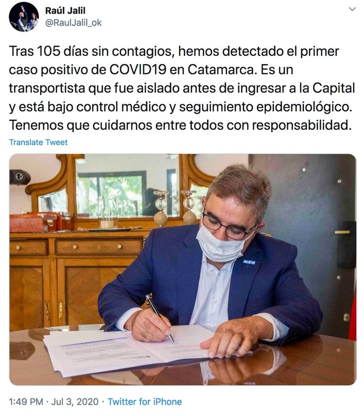 El gobernador catamarqueño confirmó el primer caso a través de su cuenta de Twitter