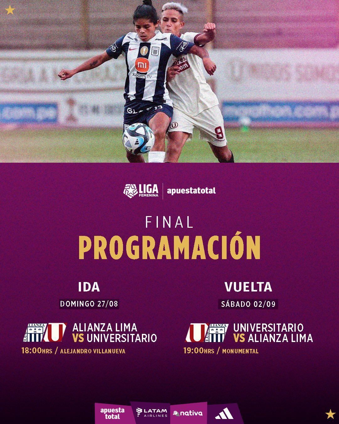 Programación final Liga Femenina 2023 entre Alianza Lima y Universitario (FPF).