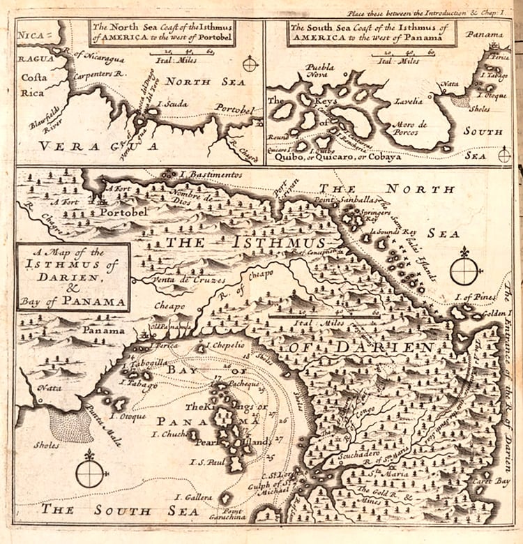 Antiguo mapa del Istmo de Darien (hoy conocido como el Istmo de Panamá).