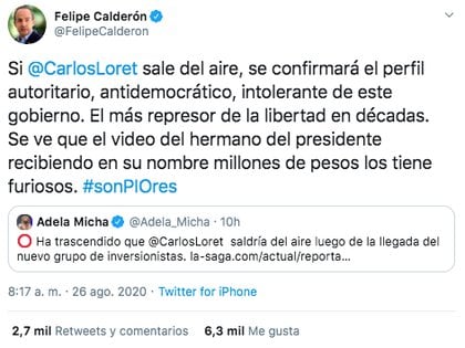 Esta mañana Felipe Calderón reaccionó ante una presunta salida del aire de Carlos Loret de Mola. (Foto: Captura de pantalla)