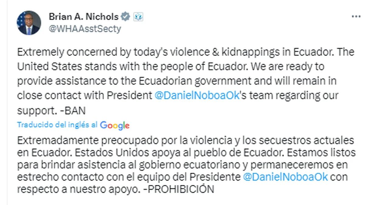 EEUU expresó su “extrema preocupación” por la violencia en Ecuador y ofreció su apoyo al gobierno de Noboa - Infobae