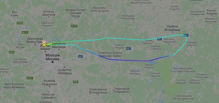 La ruta del vuelo SU1206, que despegó de Moscú y debió retornar poco después (Flightradar24)