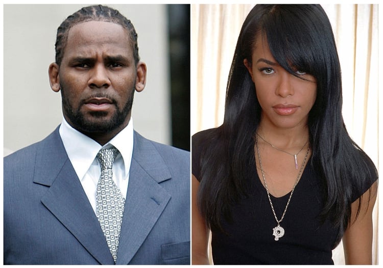 R. Kelly tras el primer día de selección del jurado en su juicio por pornografía infantil en la corte penal del condado de Cook, en Chicago, el 9 de mayo del 2008, y la difunta cantante y actriz Aaliyah (AP)