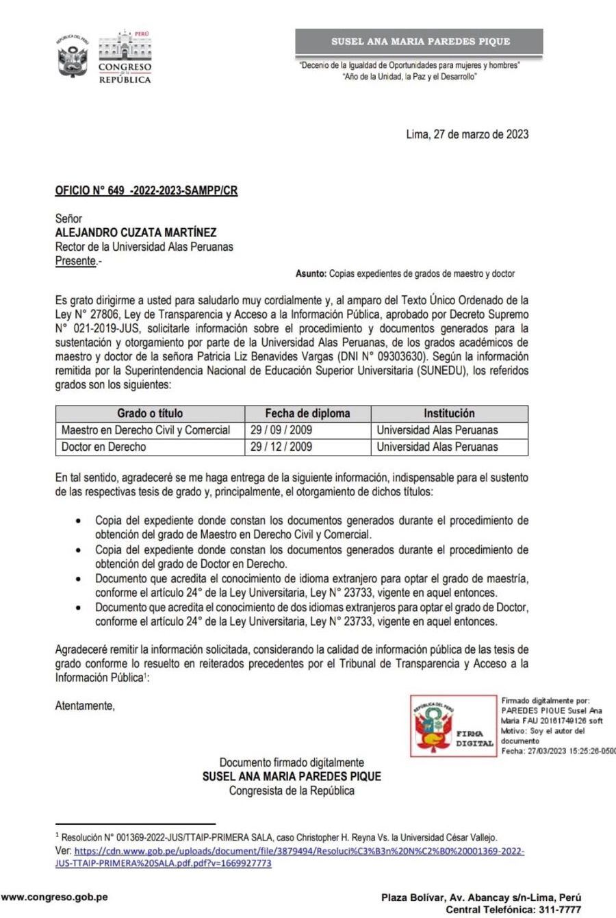 Documento de Susel Paredes sobre documentos académicos de Patricia Benavides.