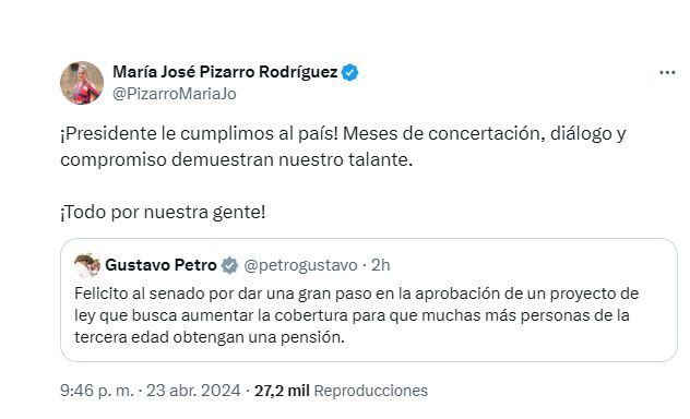 Trino de María José Pizarro en reacción a la celebración del presidente Petro por la aprobación de la reforma pensional. (Crédito: @PizarroMariaJo /  X)