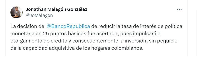 Publicación de Jonathan Malagón, presidente de Asobancaria, sobre la reducción de la tasa de interés del Banco de la República - crédito @JoMalagon/X