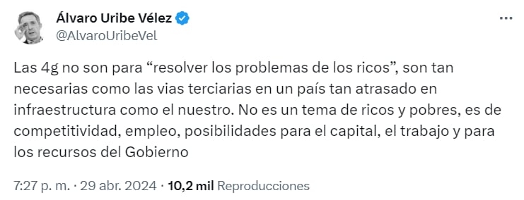 Álvaro Uribe negó que las vías 4G sean para “resolver los problemas de los ricos” - crédito @AlvaroUribeVel/X