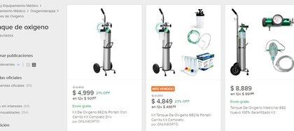 Precios exhibidos en la página de Mercado Libre para comprar un tanque de oxigeno. (Captura de pantalla Mercado Libre)