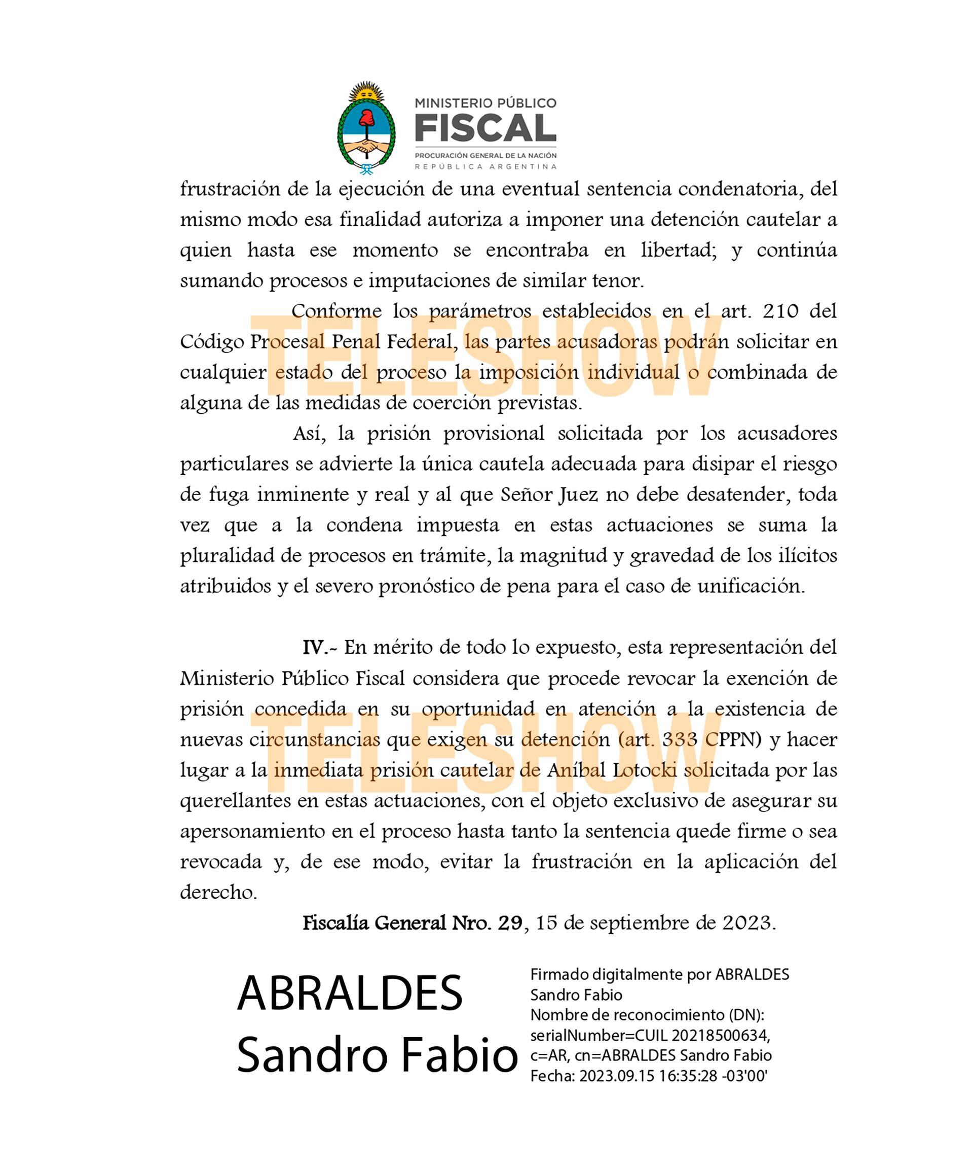 El documento del pedido de detención para Aníbal Lotocki de parte del fiscal Sandro Abraldes