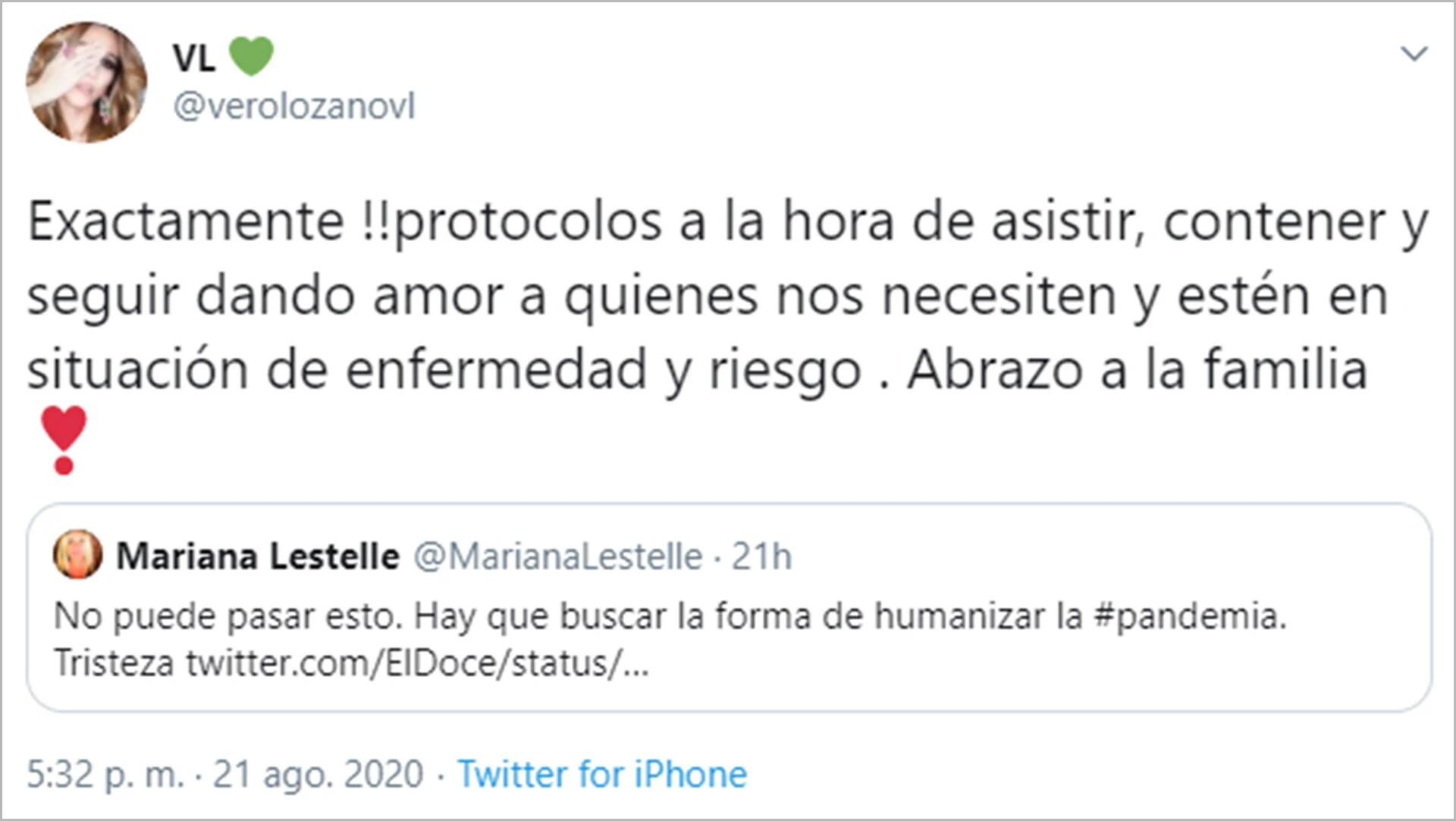 El tuit de Veronica Lozano, en respuesta Mariana Lestelle