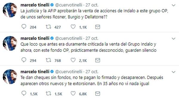 Tuits de Marcelo Tinelli sobre la venta de Índalo
