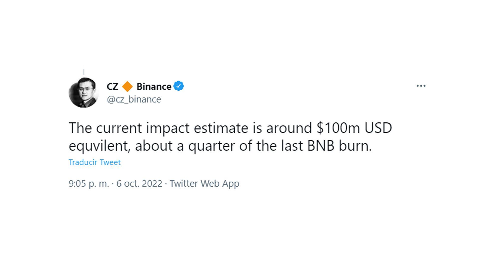 CEO de Binance denuncia robo de 100 millones de dólares captura tuit