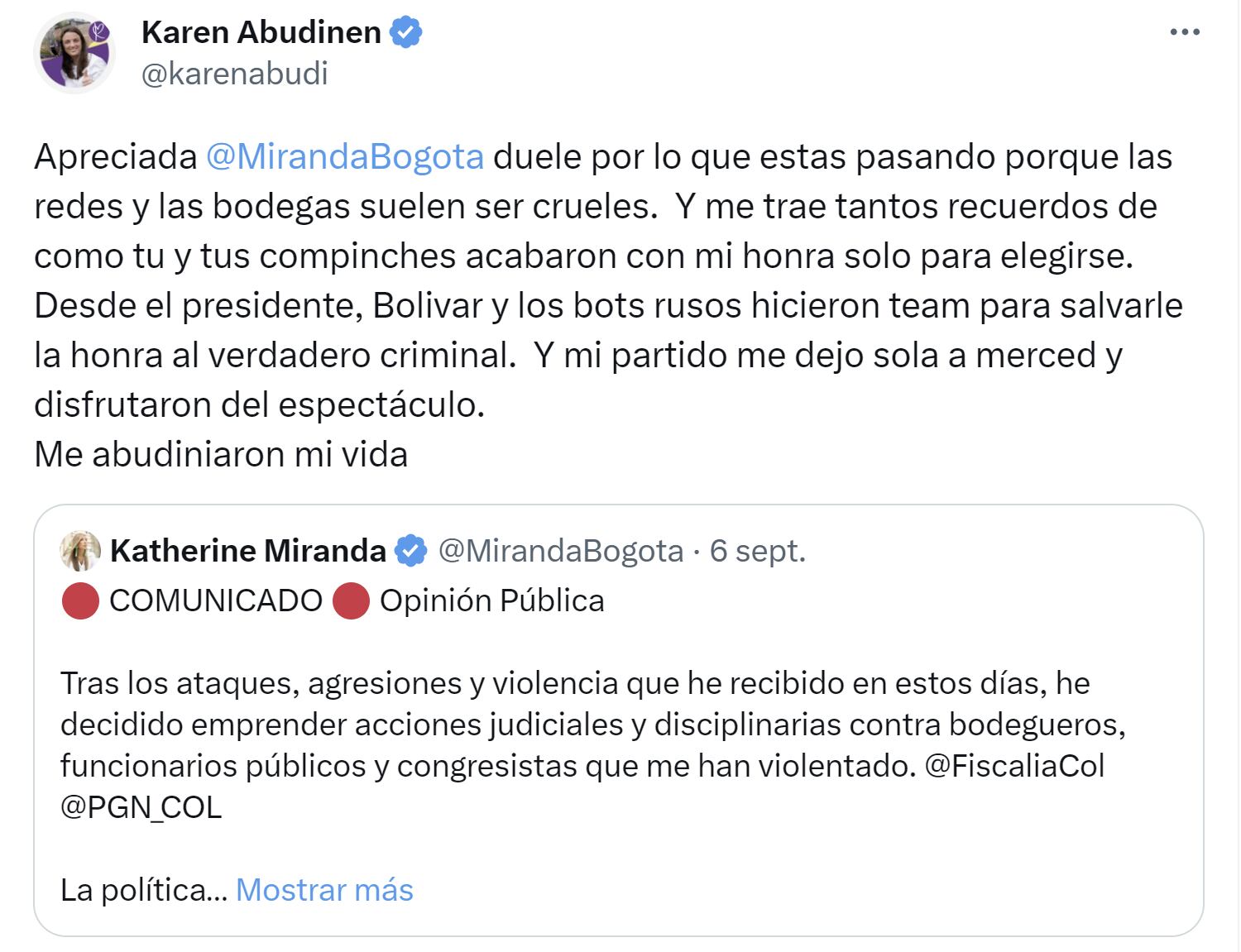 Karen Abudinen le envió pulla a Katherine Miranda - crédito X