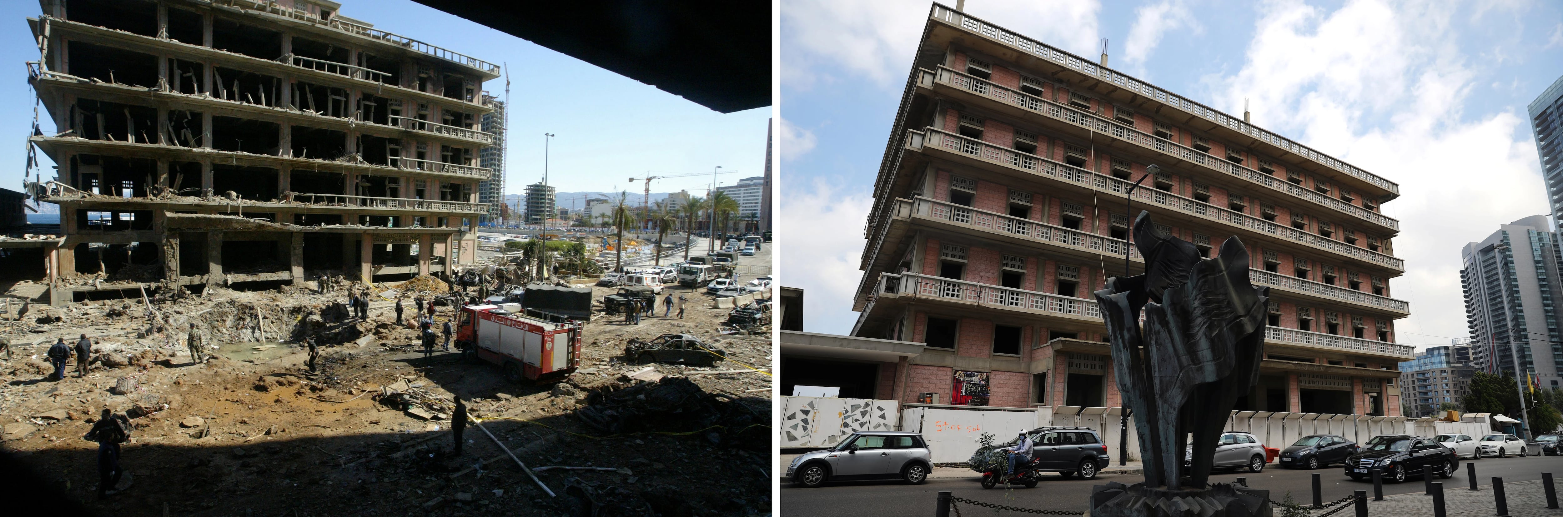 Una imagen combinada del lugar del atentado suicida de 2005 que mató al ex primer ministro libanés Rafik al-Hariri el 15 de febrero de 2005 y el 14 de agosto de 2020, en Beirut, Líbano. (REUTERS / Mohamed Azakir (izquierda) y REUTERS / Alkis Konstantinidis)