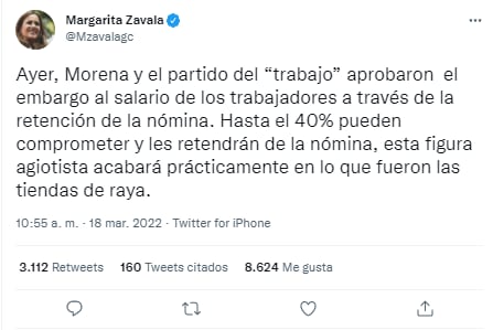 Margarita Zavala condemned the initiative that authorizes banks to collect credits from workers' wages