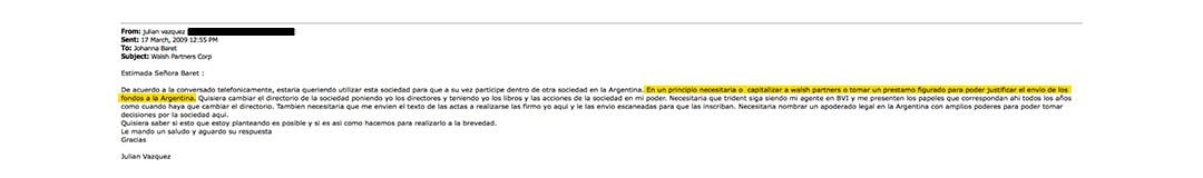 Email interno del estudio Trident Trust en el que el hijo de Vázquez explica que necesita la offshore para un "préstamo figurado"