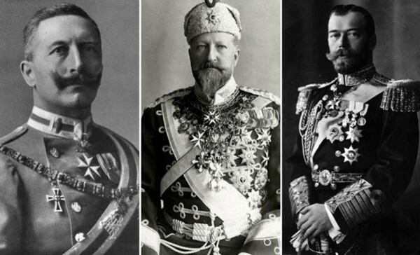 Guillermo II de Alemania, Francisco José, emperador de Austria Hungría, y Nicolás II, zar de Rusia. Gobernaban imperios que desaparecerían con la guerra