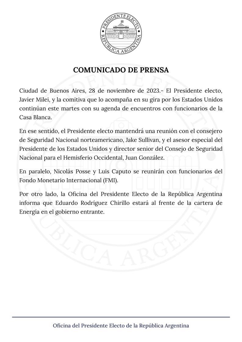 La Oficina del Presidente Electo de la República Argentina informó que Eduardo Rodríguez Chirillo estará al frente de la cartera de Energía