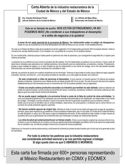 Carta abierta restauranteros (Foto: Industria restaurantera de la Ciudad de México y del Estado de México)