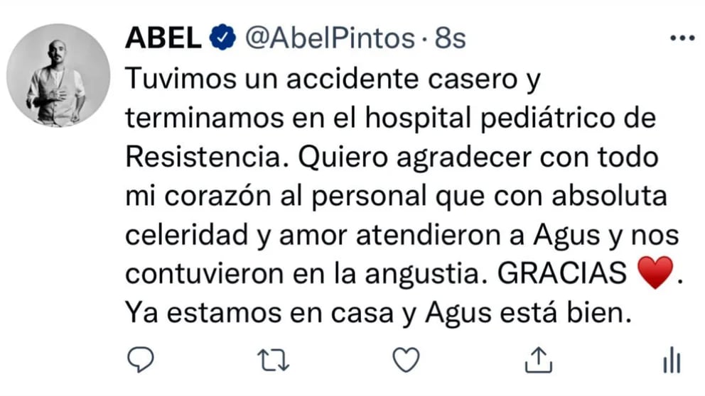 El hijo de Abel Pintos sufrió un accidente doméstico y tuvo que ser atendido de urgencia