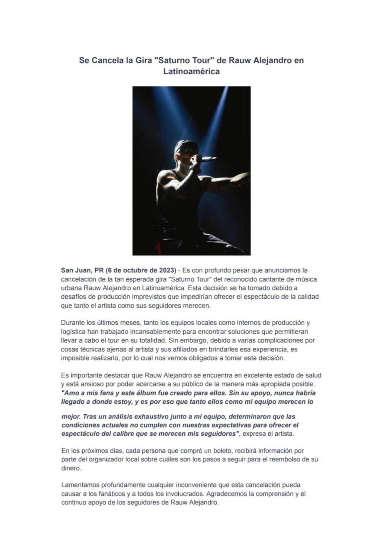 Comunicado de Rauw Alejandro cancelando su tour en Perú y Latinoamérica.