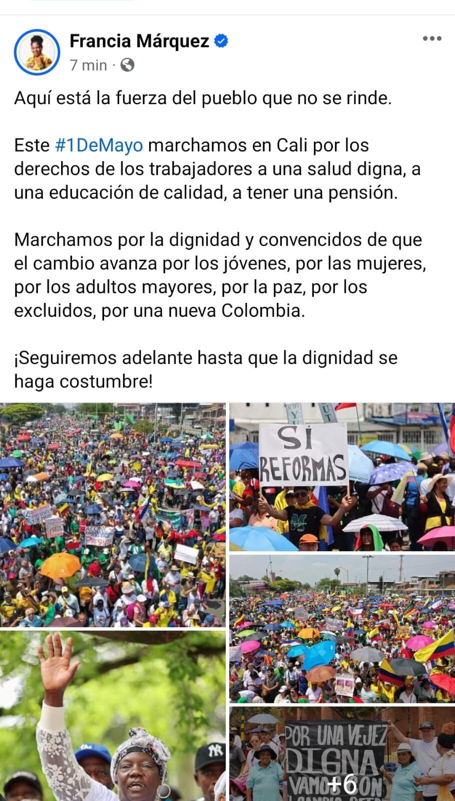 La vicepresidente acompañó las movilizaciones en Cali - crédito FranciaMárquez/Facebook