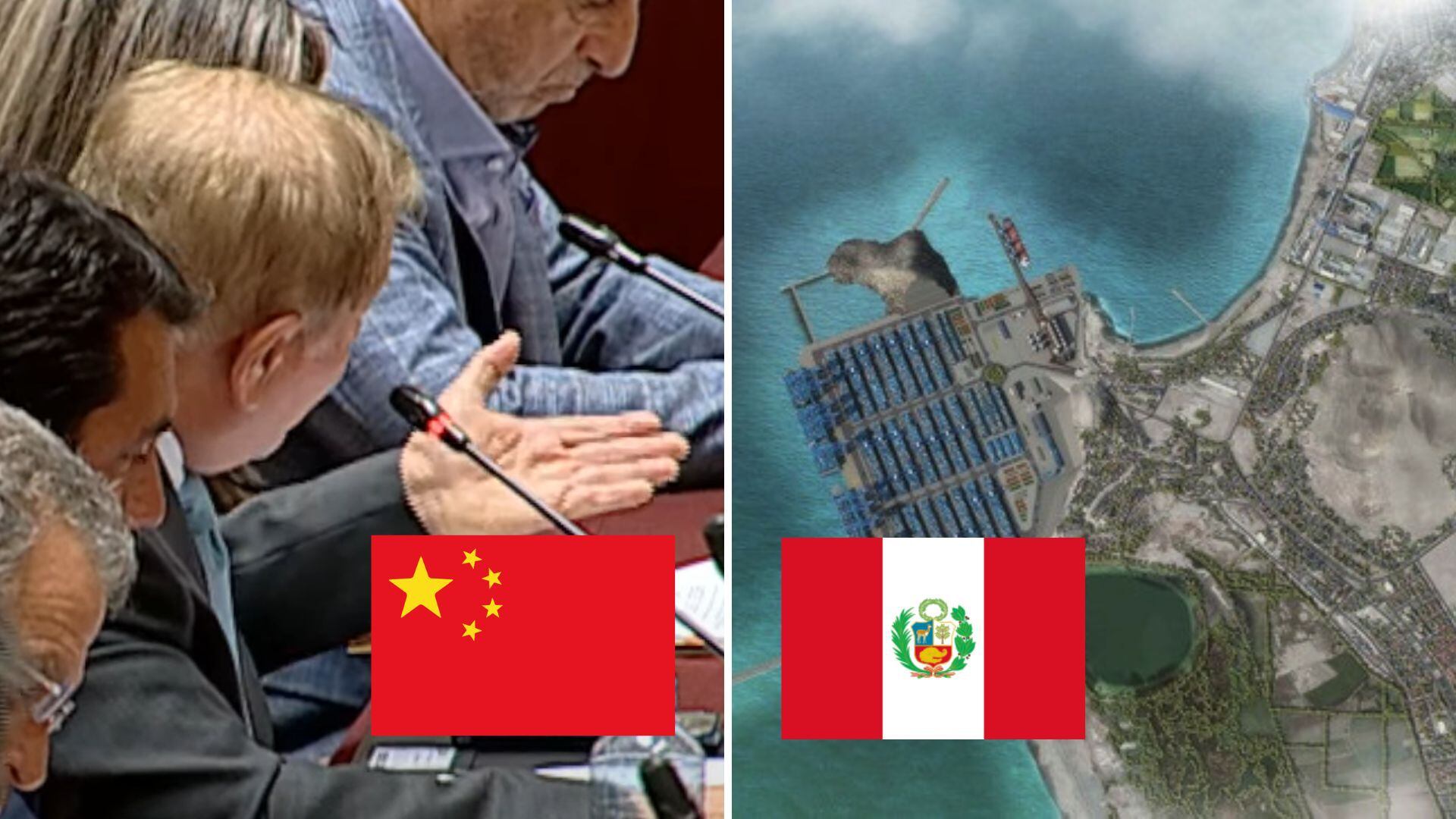 Foto de Cosco Shipping y foto de Megapuerto de Chancay con bandera China y de Perú