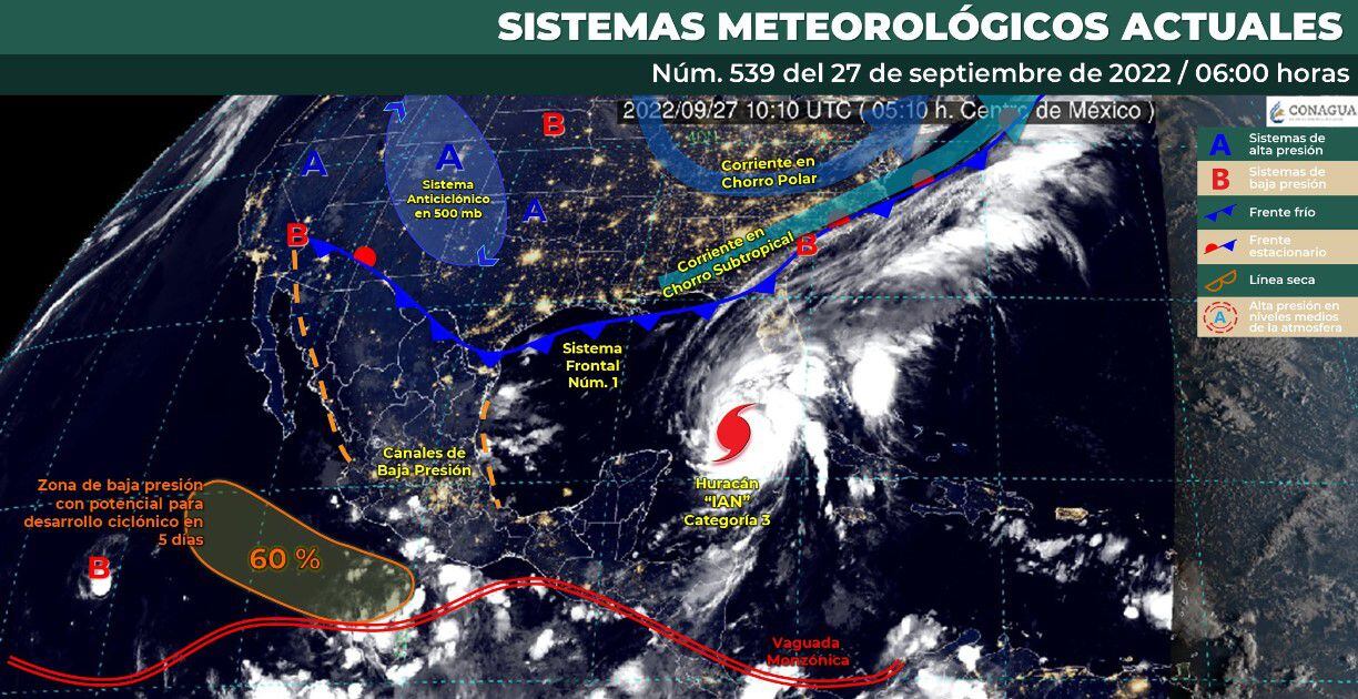 Clima en México y paso del huracán Ian para el 27 de septiembre de 2022. Foto: Clima Conagua