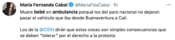 Tweet de la senadora María Fernanda Cabal tras el hecho. Pantallazo.