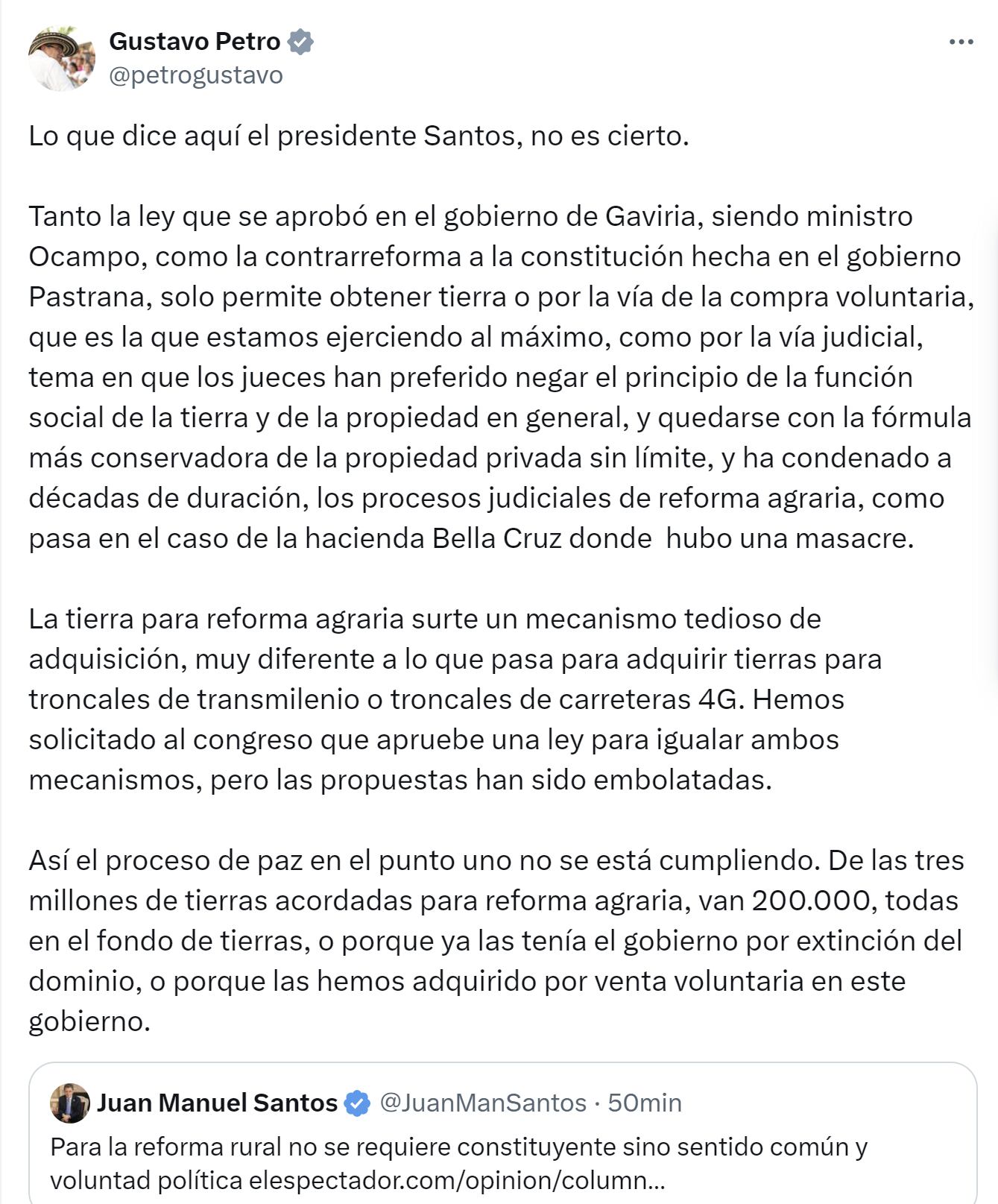El presidente Gustavo Petro contradijo a Juan Manuel Santos sobre constituyente