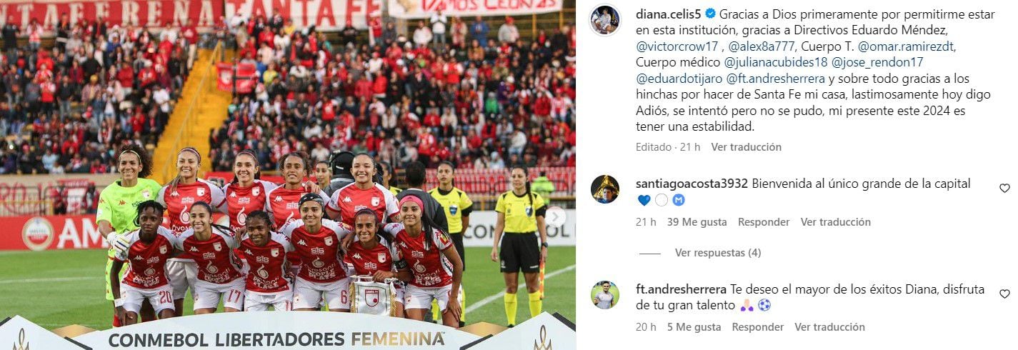 A través de sus redes sociales, Diana Celis se despidió de Santa Fe - crédito @diana.celis5/Instagram