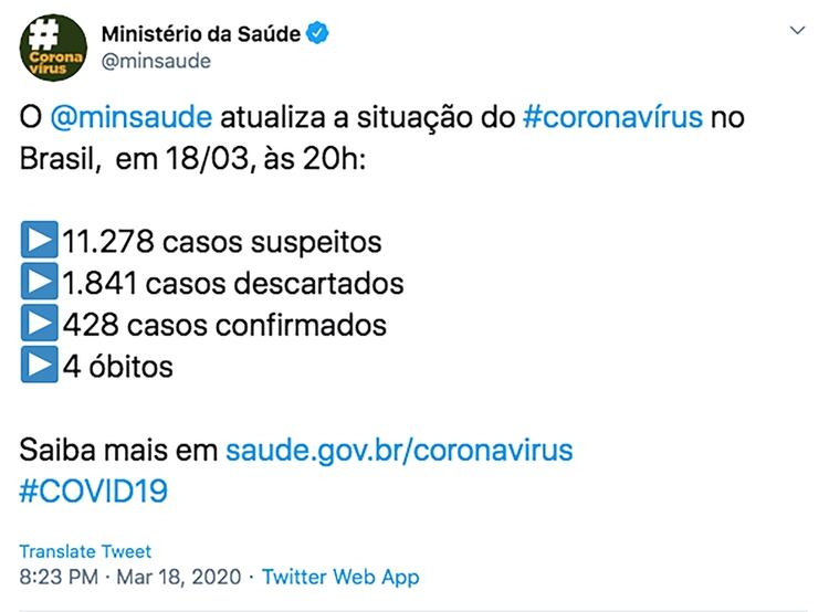 La información sobre el coronavirus difundida el miércoles por el ministerio de Salud de Brasil