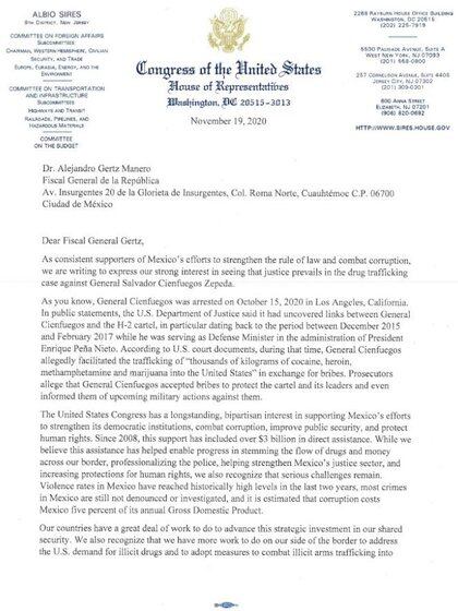La carta de los congresistas estadounidenses al fiscal mexicano Alejandro Gertz Manero por el caso Cienfuegos (Foto:@RepSires)