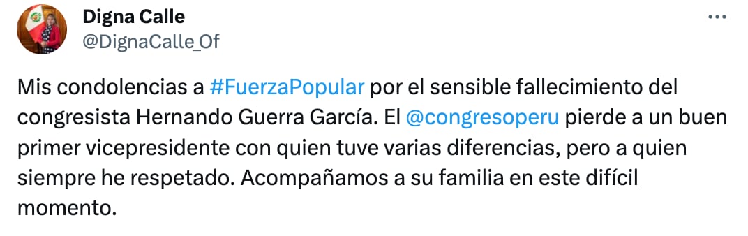 Tuit de la congresista de Podemos Perú Digna Calle sobre muerte de Hernando Guerra-García.