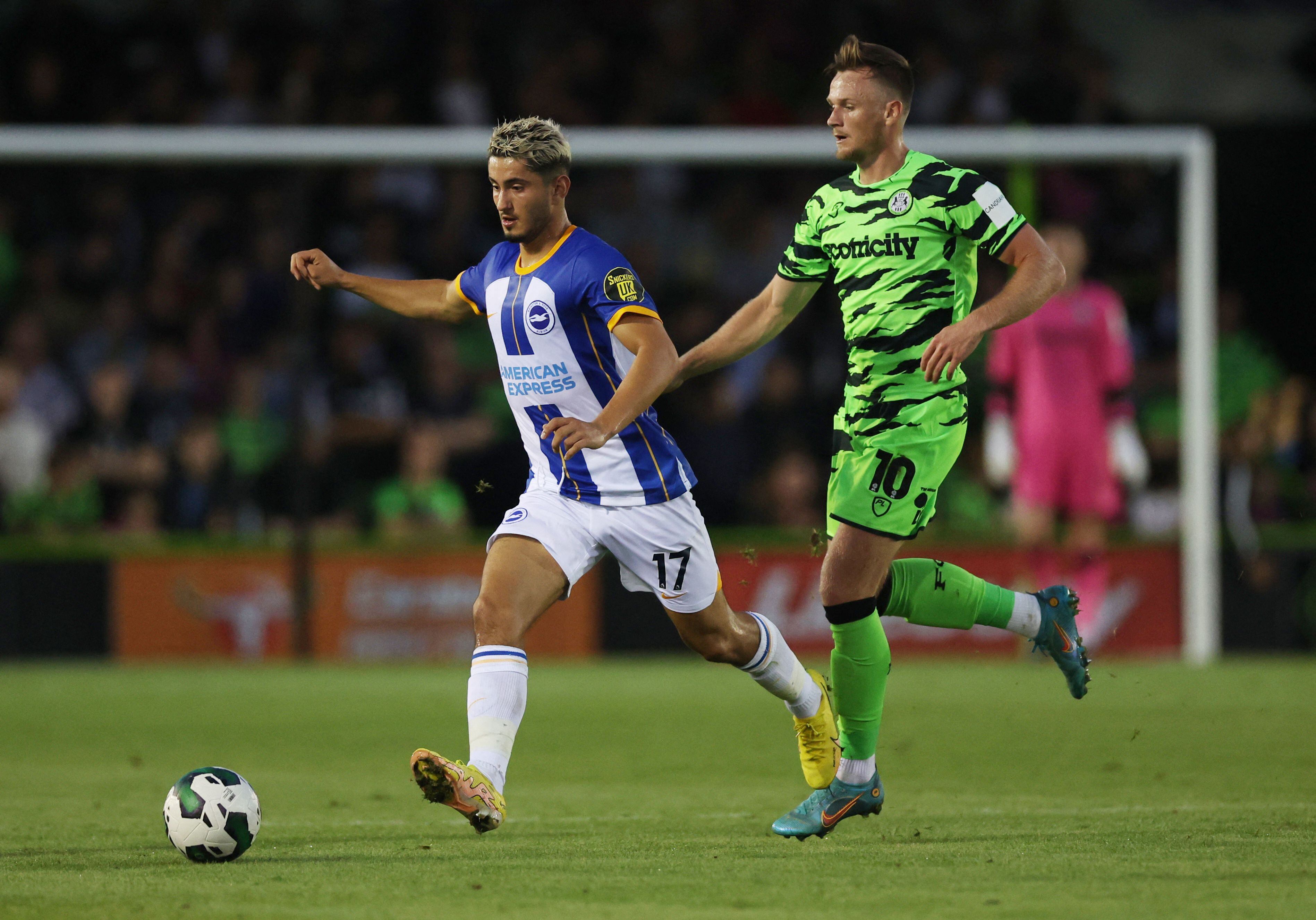 Soccer Football - Carabao Cup Second Round - Forest Green Rovers v Brighton & Hove Albion - The New Lawn, Nailsworth, Britain - August 24, 2022 Brighton & Hove Albion's Steven Alzate in action with Forest Green Rovers' Armani Little Action Images via Reuters/Matthew Childs EDITORIAL USE ONLY. No use with unauthorized audio, video, data, fixture lists, club/league logos or 'live' services. Online in-match use limited to 75 images, no video emulation. No use in betting, games or single club /league/player publications.  Please contact your account representative for further details.