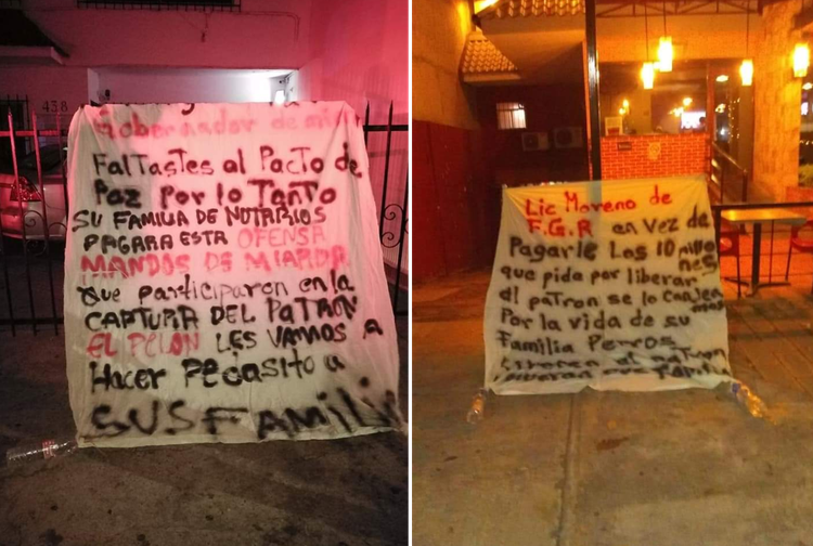 Narcomantas firmadas por el grupo criminal El Pelón de Playas (Foto: Twitter/LPueblo2)