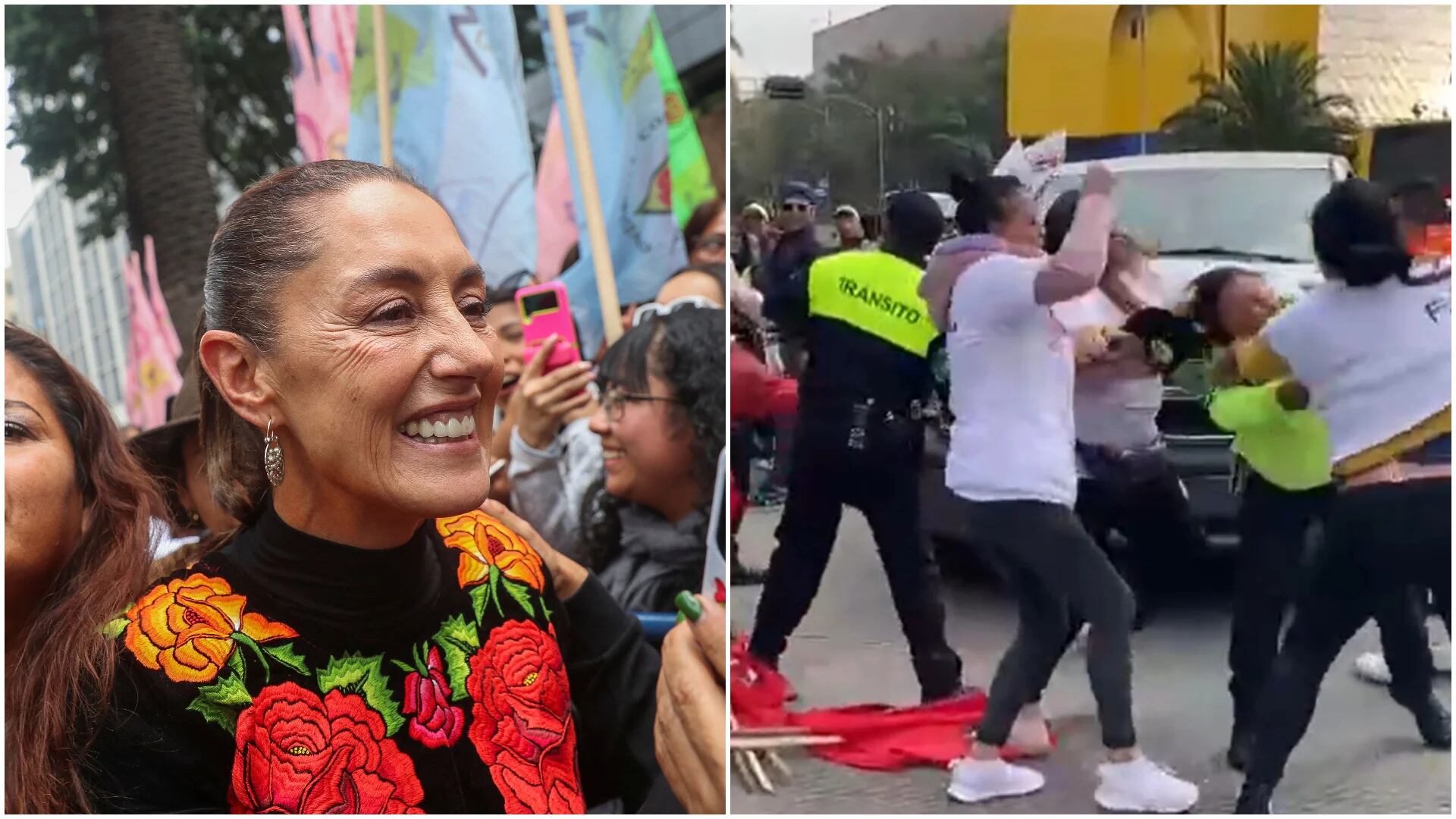 Los simpatizantes de Claudia Sheinbaum golpearon policías durante el evento político en el Monumento a la Revolución. (Foto: REUTERS/Raquel Cunha) (Captura)