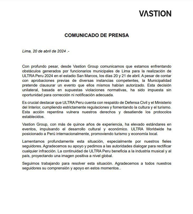 Comunicado de Vastion Group, empresa organizadora del Ultra Perú 2024. Difusión.