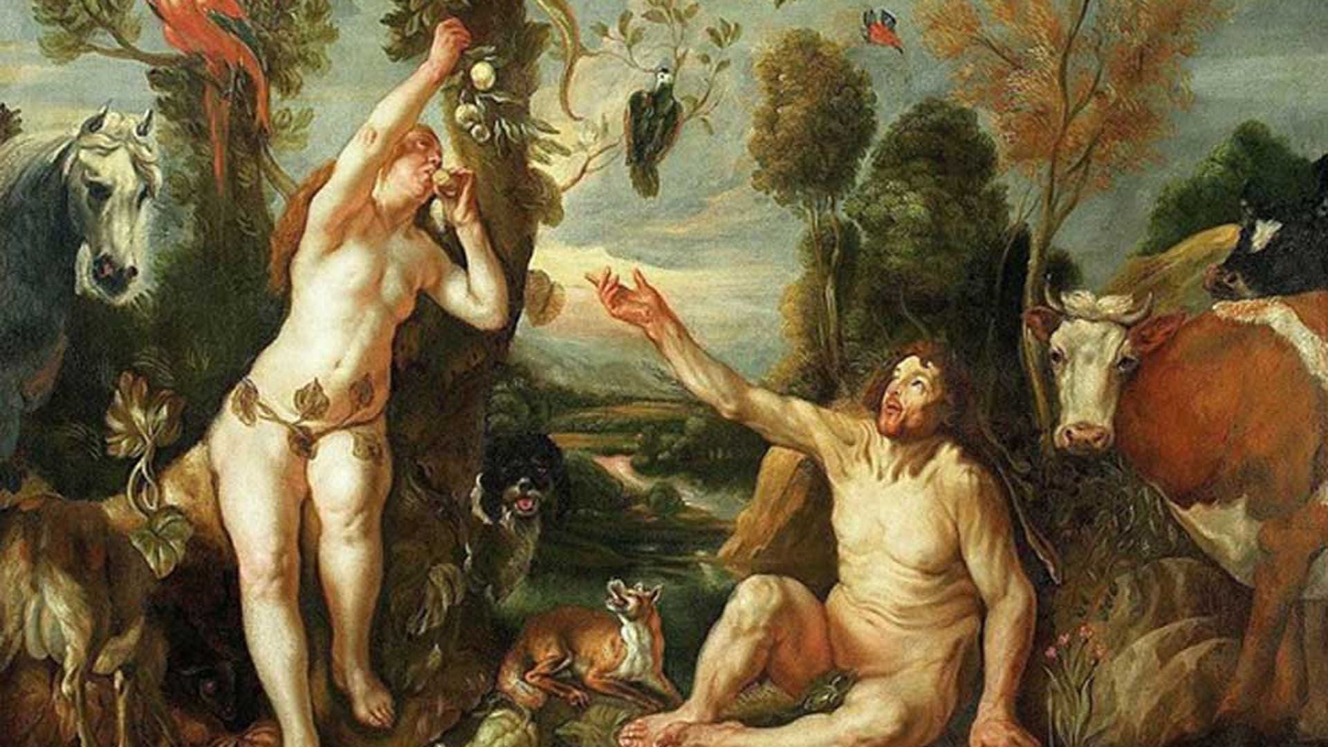 Adán y Eva comen el fruto prohibido, tentados por la serpiente. En la Biblia no se menciona que fuera una manzana, como indica la creencia popular