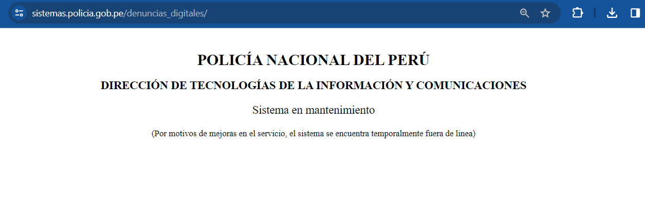 El sistema de Denuncias Policiales Digitales de la Policía Nacional del Perú entró en mantenimiento al cierre de esta nota. (Foto: Captura/Infobae)