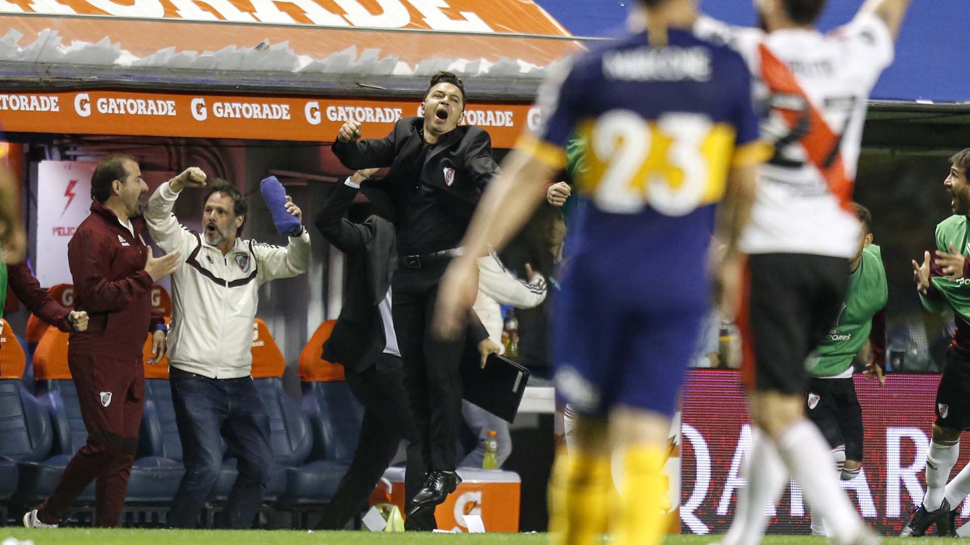 Marcelo Gallardo celebra la clasificación de River a la final de la Copa Libertadores, lograda ante Boca en la Bombonera (Nicolás Aboaf)