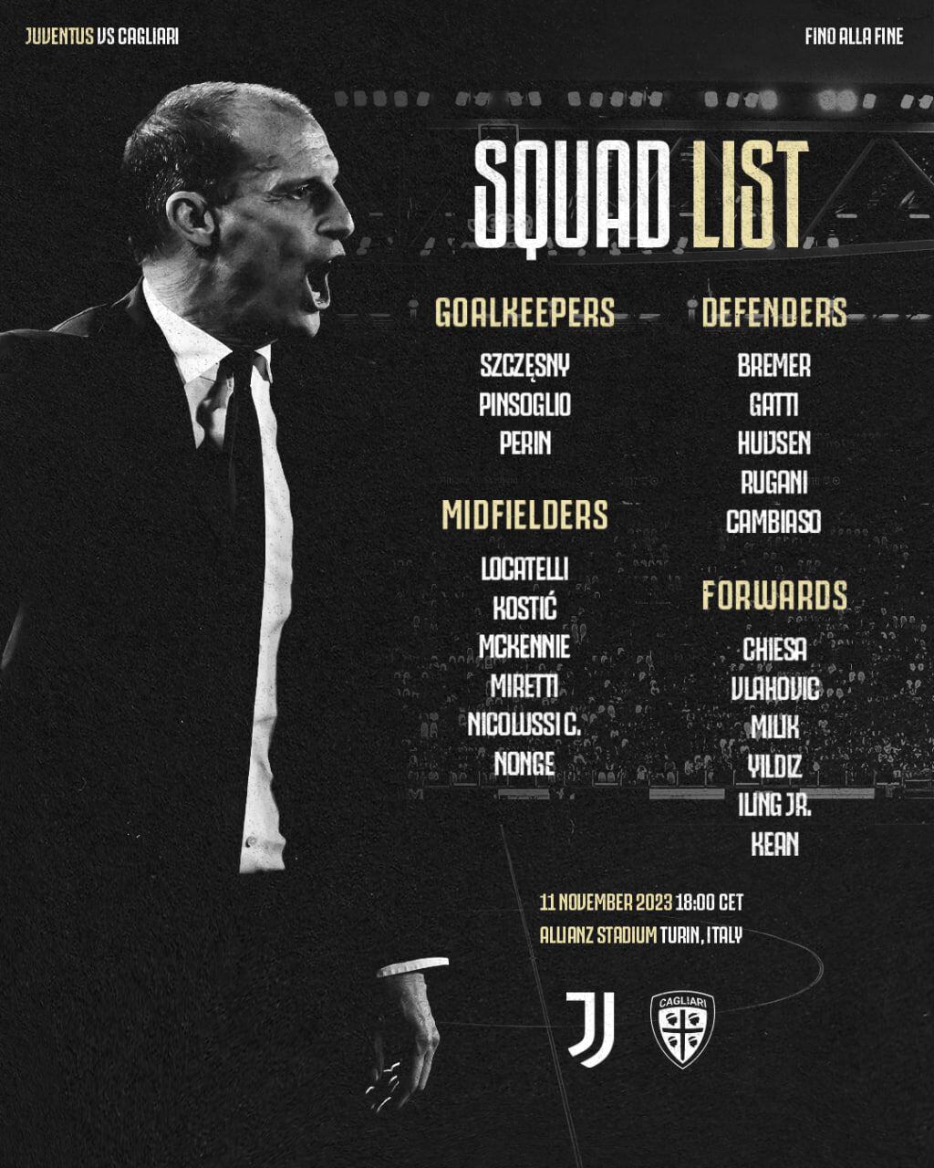 Los jugadores que formarán parte de Juventus en el duelo ante Cagliari.