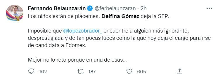 Belaunzarán recordó que Delfina Gómez tuvo una sanción por el ilegal financiamiento de los gastos del partido guinda (Foto: Twitter/@ferbelaunzaran)