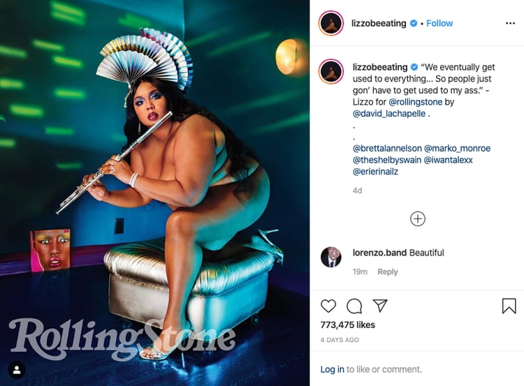 Lizzo en otra de las fotos del artista David LaChapelle para Rolling Stone, que ella publicó en su cuenta de Instagram (@lizzobeeating)