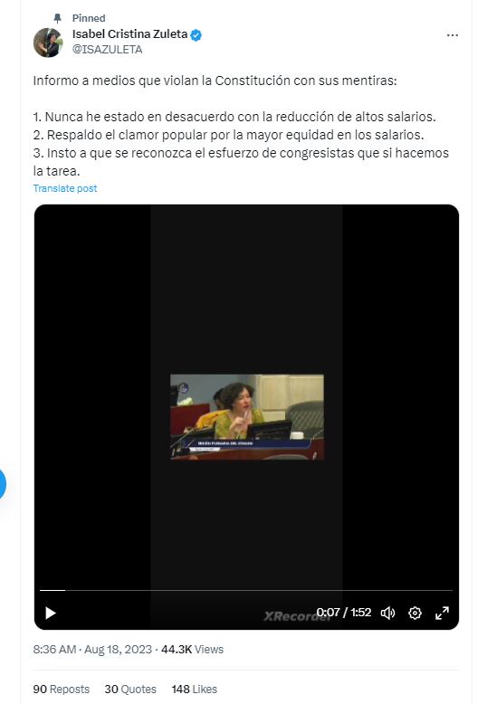 La senadora Isabel Zuleta se pronunció sobre las “obstrucciones” que, para ella, generan los medios en el ejercicio de debate y legislación. Foto: @ISAZULETA/Twitter