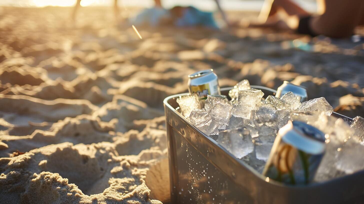 Hielera colorida con una variedad de cervezas y bebidas frías en la playa, simbolizando la relajación y el disfrute de las vacaciones. La foto ilustra cómo las bebidas refrescantes realzan los momentos de ocio y descanso en un ambiente vacacional. (Imagen ilustrativa Infobae)