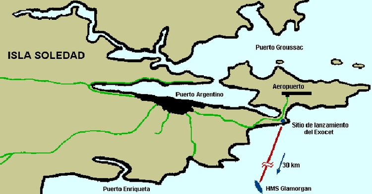 Croquis del sitio de emplazamiento de la batería terrestre de misiles Exocet MM-38 en cercanías de Puerto Argentino y trayectoria del impacto sobre el HMS Glamorgan (Daniel Gionco)