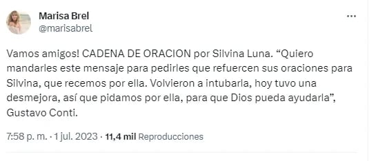 Marisa Brel se sumó al pedido de oración por Silvina Luna (Twitter)